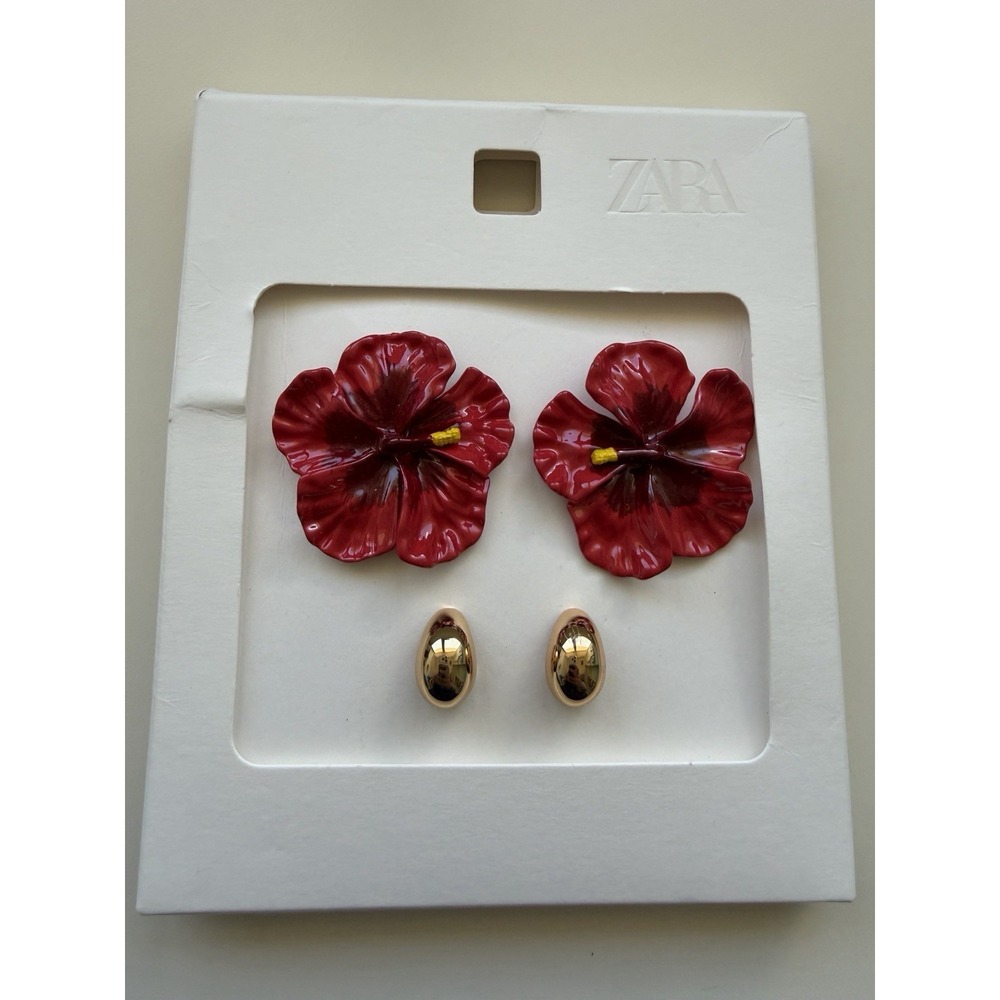 Zara Red Hibiscus Flower Floral Earring Set Gold‎ Bohemian Resort